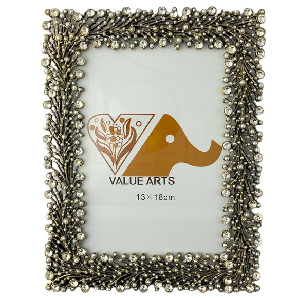 Brass Rectangular Picture Frame, Austrian Crystals, Tabletop, Holds 5 x 7 Photo - Picture 1 of 5